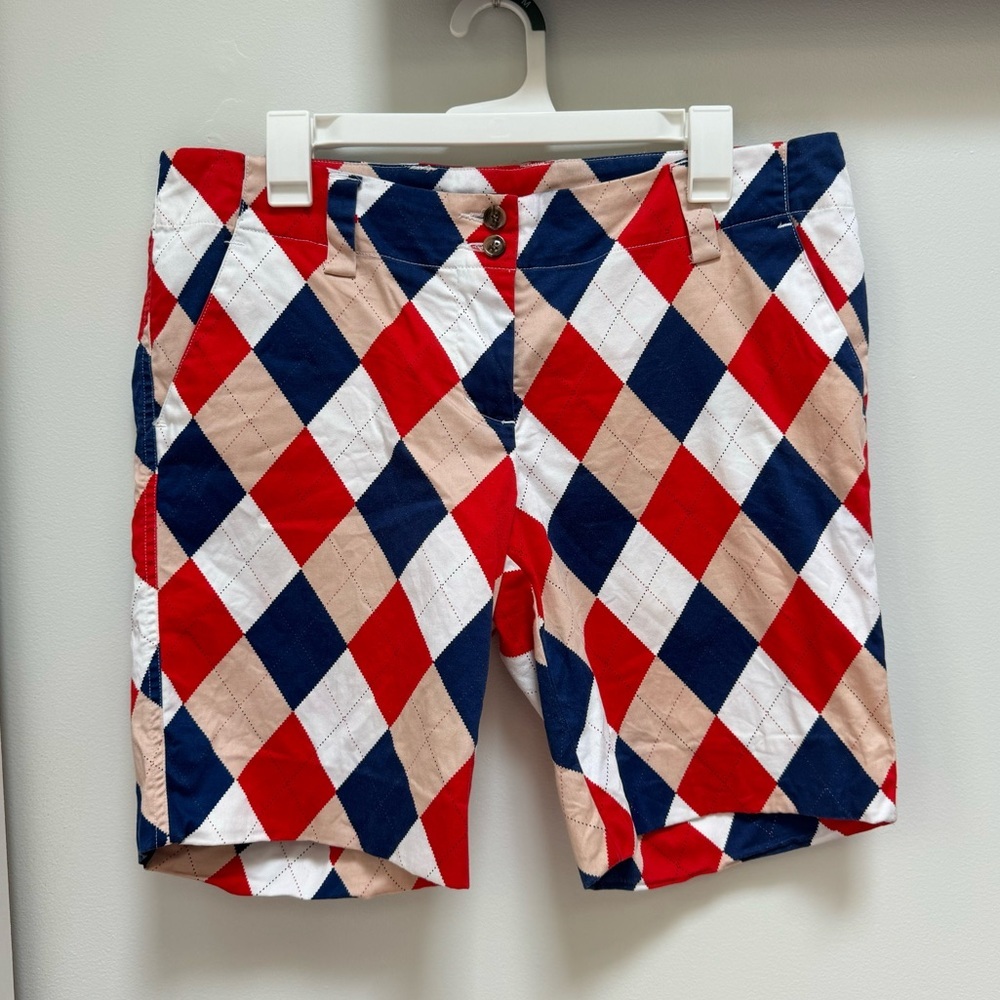Loudmouth peach red white and blue argyle golf shorts size 8